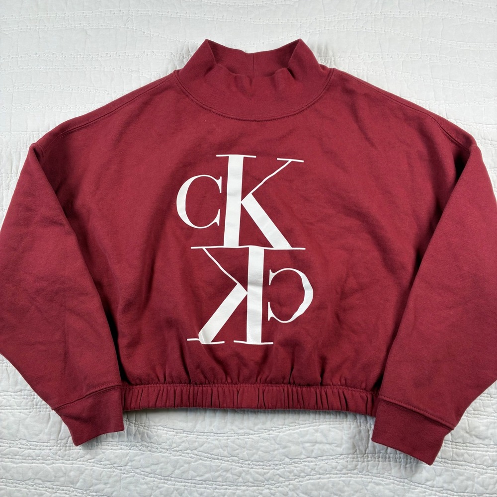 Calvin Klein Jeans Cropped Sweatshirt M Burgundy Mock Neck Graphic Logo M Y2K